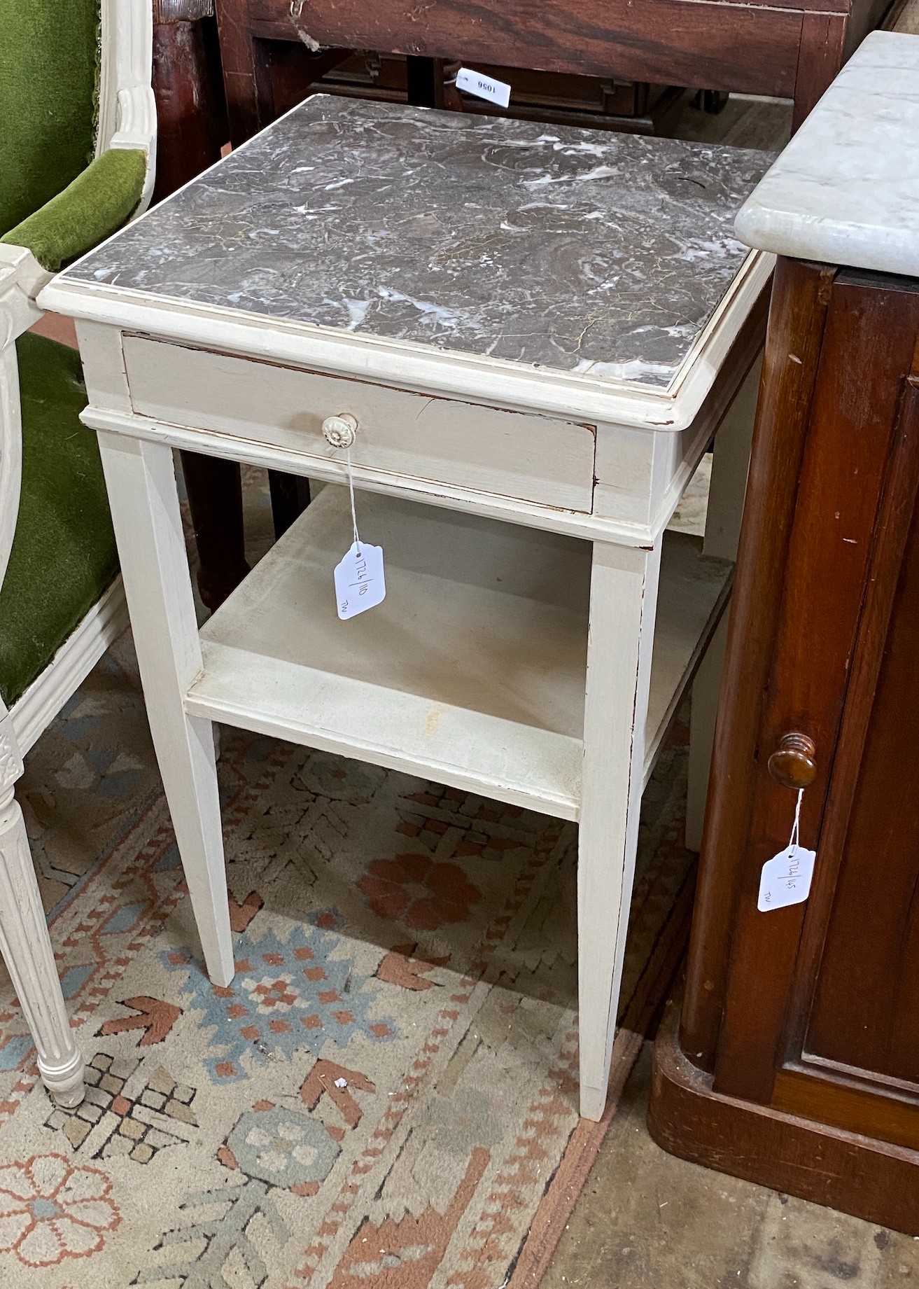 A French marble topped painted two-tier bedside table, width 41cm, depth 38cm, height 68cm